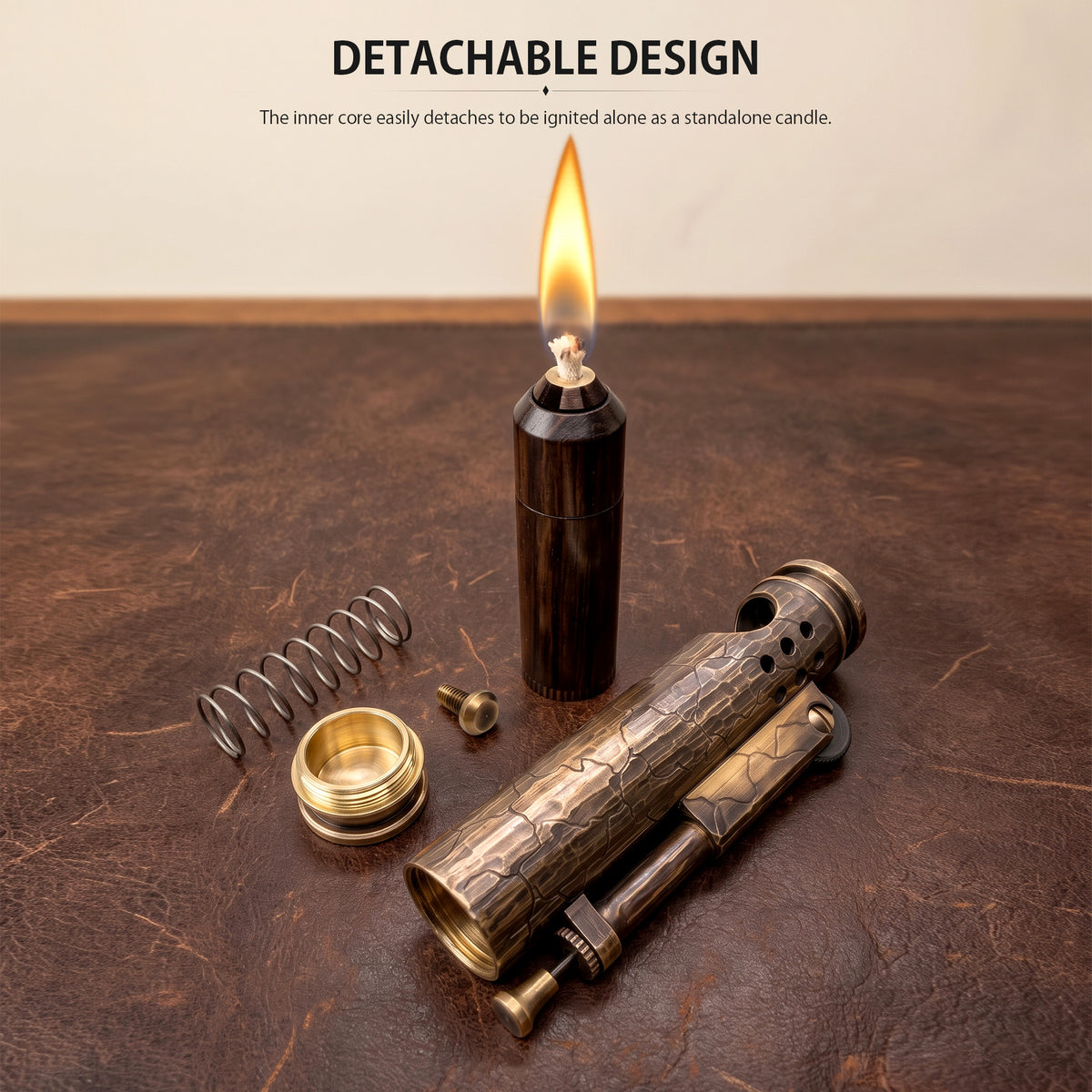 A cylindrical Battle Soul trench lighter featuring hand-carved cracks and a weathered brass finish, resting on a rustic dark leather surface.