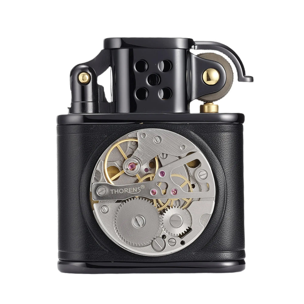 A premium hand-stitched black leather lighter featuring an intricate exposed mechanical watch movement inlaid in the center, with a perforated windproof cap and brass accents.