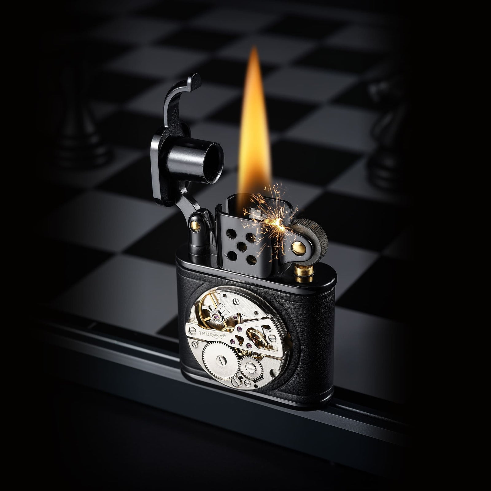 Hand-stitched black leather lighter with an inlaid mechanical movement, shown lit with a flame and visible spark on a chessboard-style background.