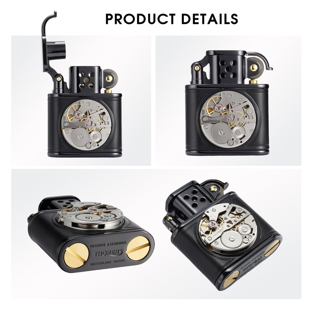 Product details collage of the hand-stitched black leather lighter with inlaid mechanical movement, showing open-lid view, front view, bottom view, and angled detail view.