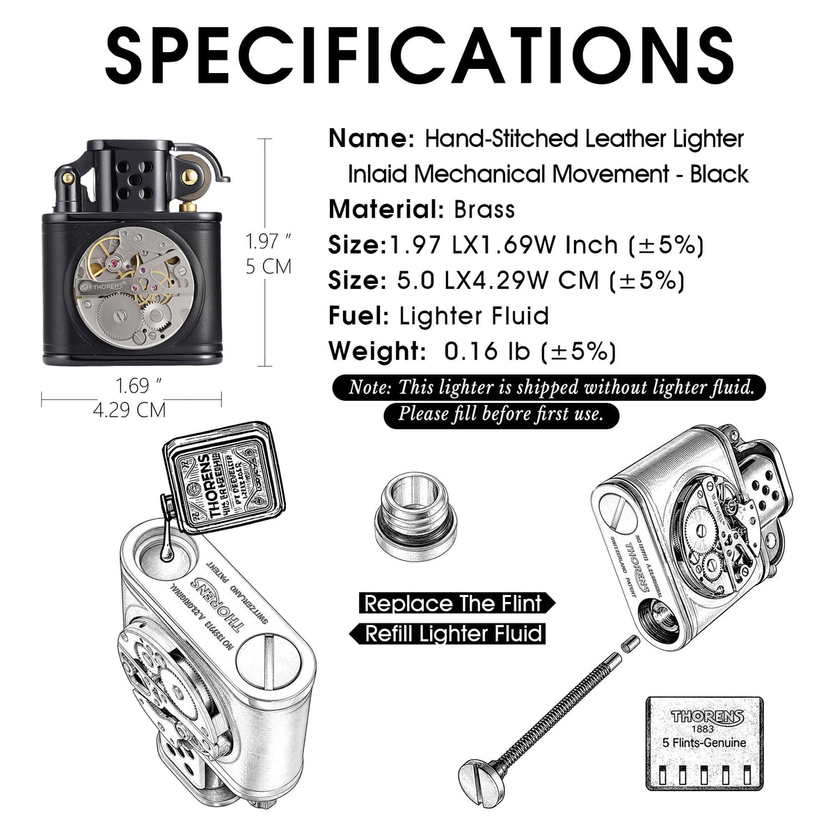 Specifications chart for the hand-stitched black leather lighter with inlaid mechanical movement, showing dimensions, material, weight, fuel type, and refill and flint replacement details.
