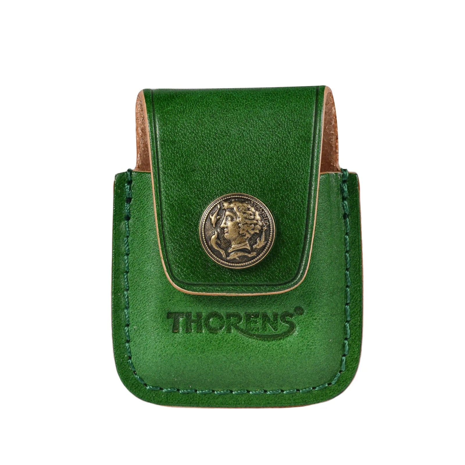 A premium handcrafted black leather lighter case featuring meticulous white contrast stitching and an antique brass snap closure, designed for heritage style and refined EDC aesthetics.