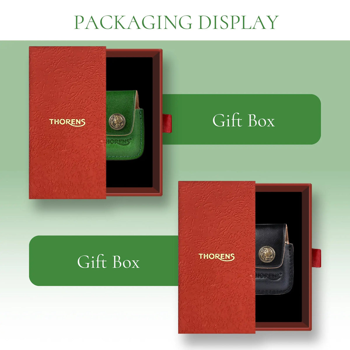 A premium handcrafted emerald green leather lighter case with a vintage Thorens embossed logo and a decorative antique brass coin-style button, showcasing refined EDC style.
