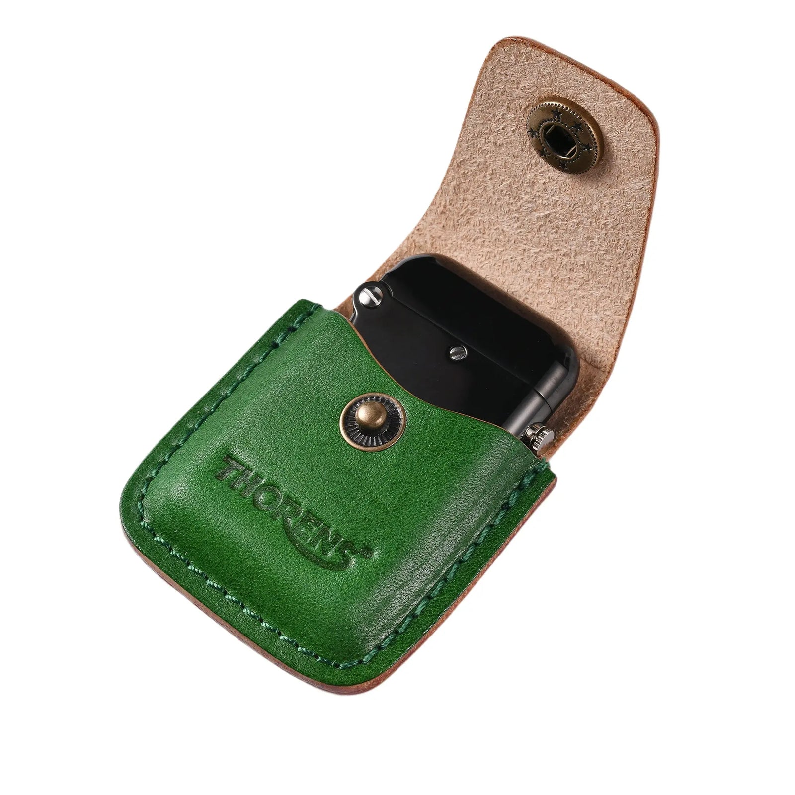 An open Thorens emerald green leather pouch revealing a polished black mechanical lighter, featuring a soft suede interior and a vintage-style brass snap button closure.