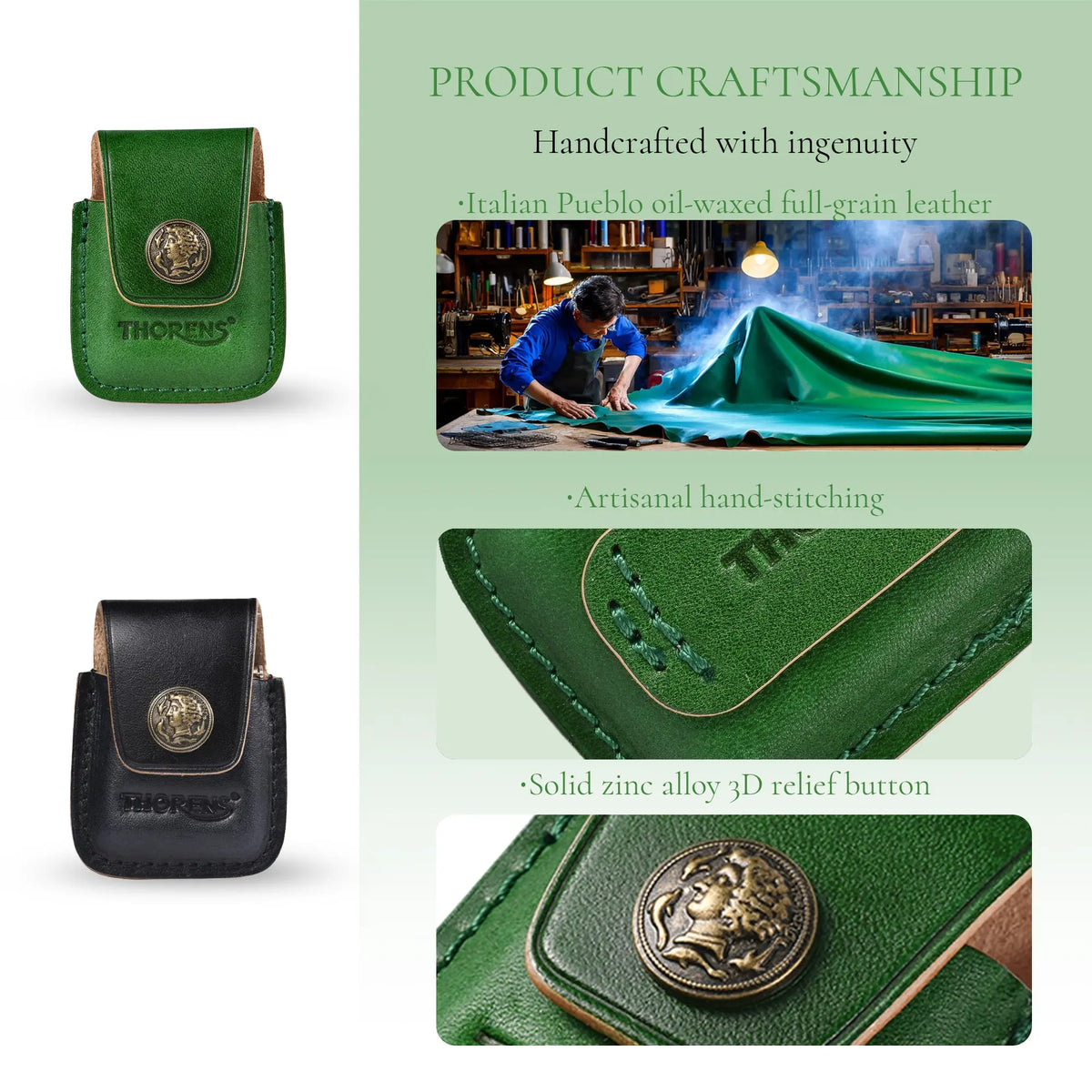 A detailed craftsmanship infographic for Thorens pouches, highlighting Italian Pueblo oil-waxed full-grain leather, artisanal hand-stitching, and a solid zinc alloy 3D relief button.
