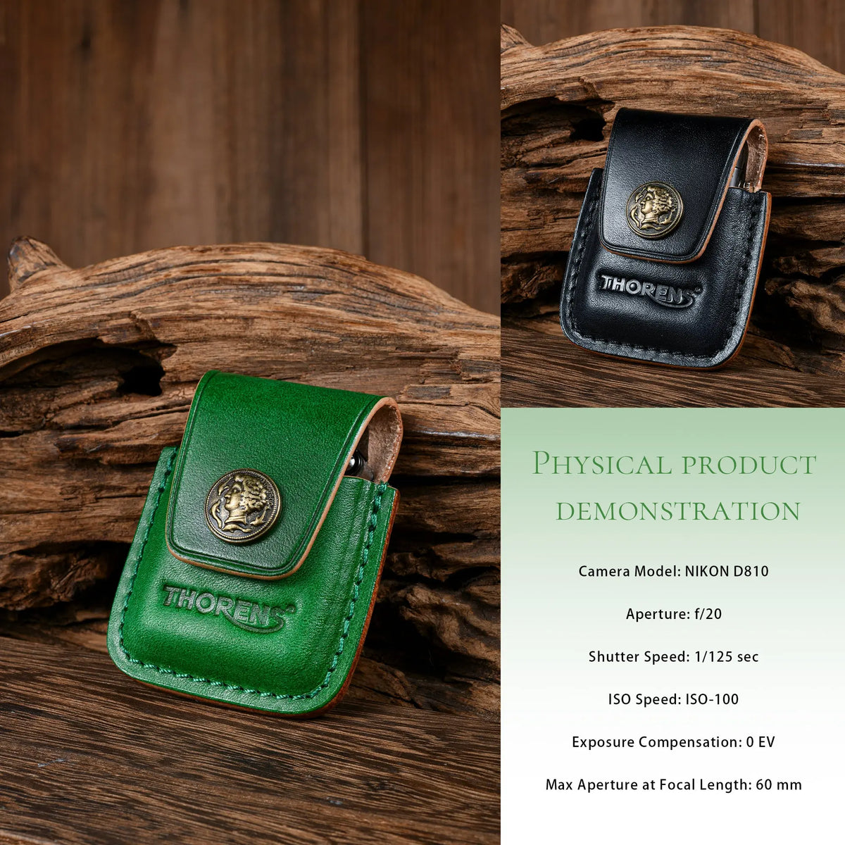 A side-by-side comparison of emerald green and black handcrafted leather lighter cases, showcasing precision stitching, embossed Thorens logos, and a unique antique brass button mechanism for EDC enthusiasts.
