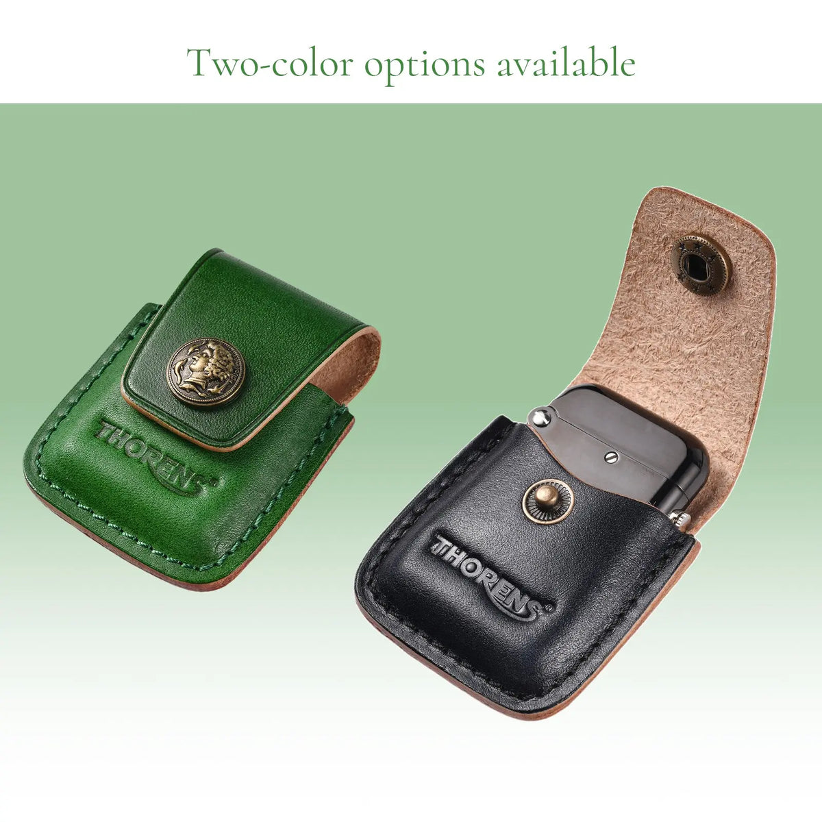 Two handcrafted leather lighter cases in emerald green and classic black, featuring Thorens embossed logos and antique brass button details, highlighting premium EDC accessory choices.