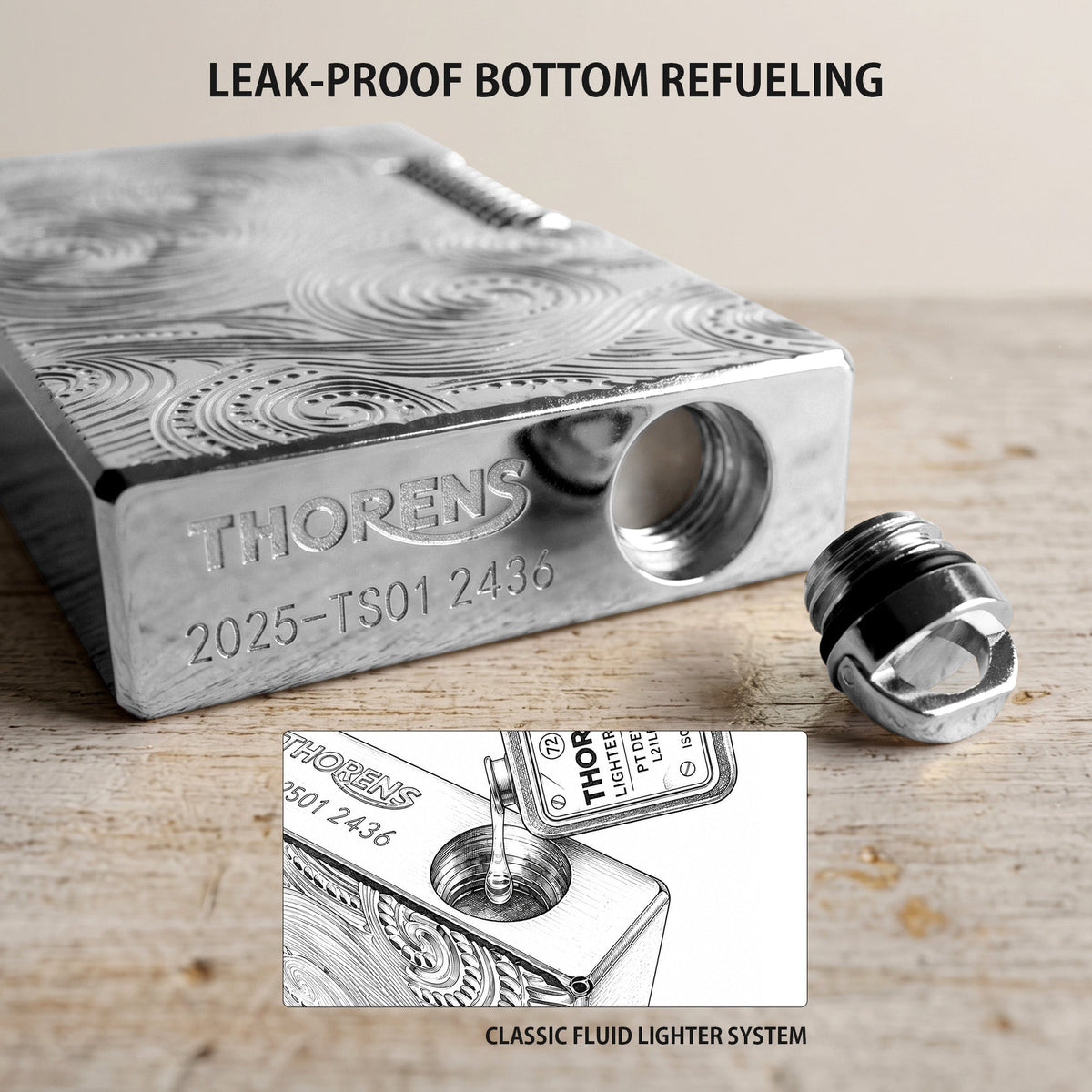 A person holding a silver Thorens side slip lighter between their fingers, showcasing its compact size and the intricate vortex engraved pattern on the brass casing.