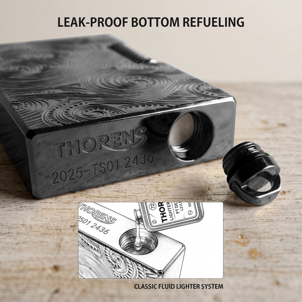 A person holding the Thorens Side Slip lighter in black Vortex engraved finish, demonstrating its compact size and refined EDC ergonomics. The light reflects off the deep-etched brass textures, showcasing the premium craftsmanship and mechanical side-slip flint wheel.