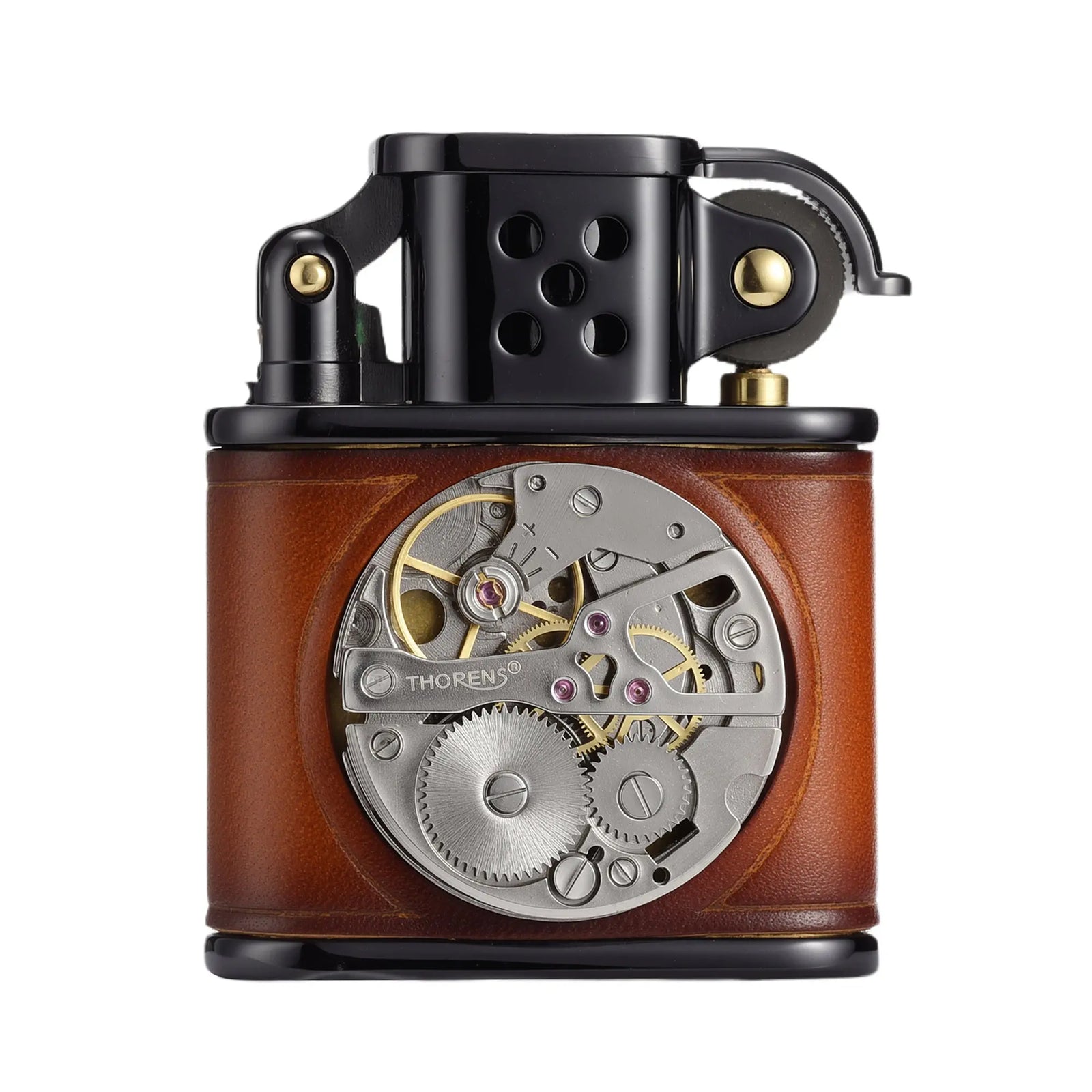 A premium handmade lighter wrapped in rich brown cowhide leather, featuring an exposed silver mechanical movement at its center and a sleek black perforated windproof cap.