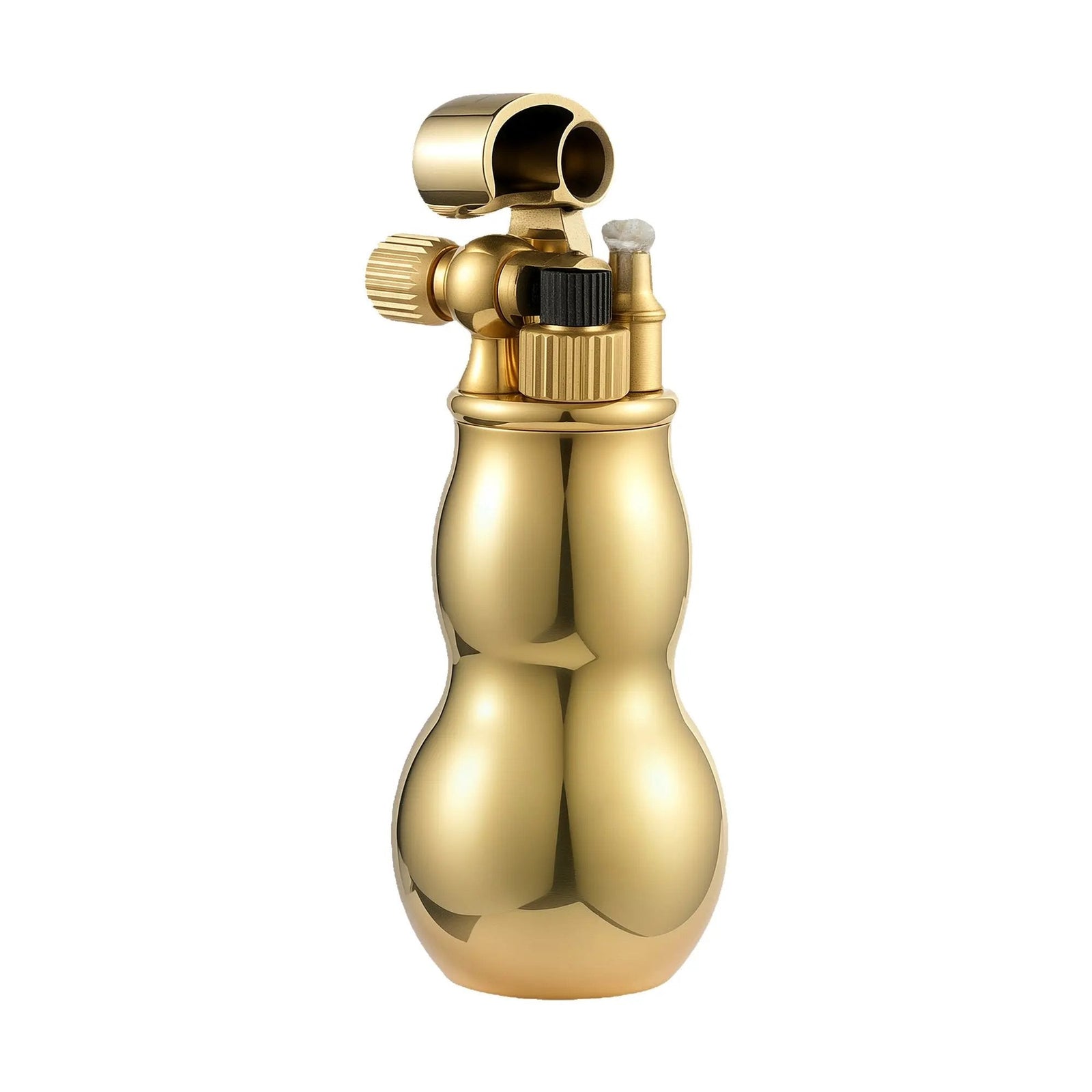 A vertical studio shot of the Thorens Mini Gourd lighter, featuring a polished brass finish, distinctive curved body, and a mechanical open-cap ignition.