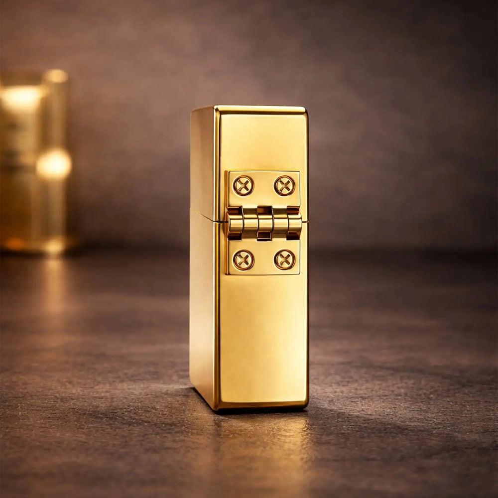 A close-up cinematic shot focusing on the side profile of a gold-finish Armor lighter. The image highlights the robust, externally mounted four-barrel hinge with precision-riveted details, emphasizing the heavy-duty mechanical construction.