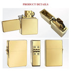 A comprehensive product display of a gold-finish Armor lighter, showcasing the open windproof chimney, the top-down view of the thick-walled brass case, and the reinforced external four-barrel hinge from multiple perspectives.
