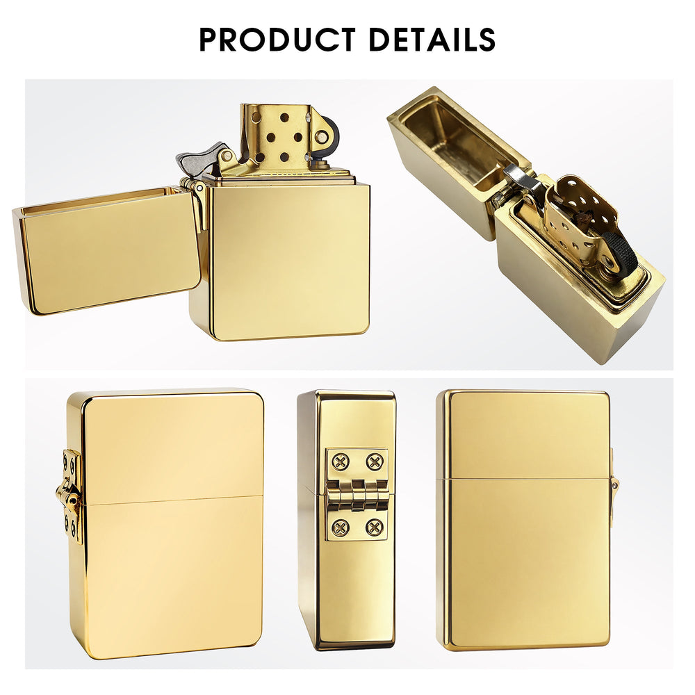 A comprehensive product display of a gold-finish Armor lighter, showcasing the open windproof chimney, the top-down view of the thick-walled brass case, and the reinforced external four-barrel hinge from multiple perspectives.
