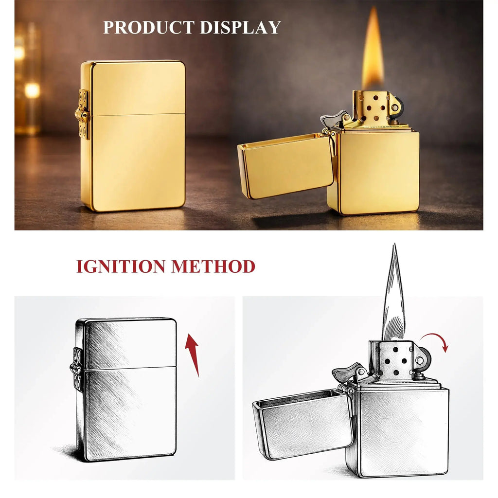 A comprehensive product graphic for the gold Armor lighter, featuring lifestyle photos of the lighter in both closed and ignited positions, alongside technical sketches illustrating the classic flip-top opening and flint-wheel ignition method.