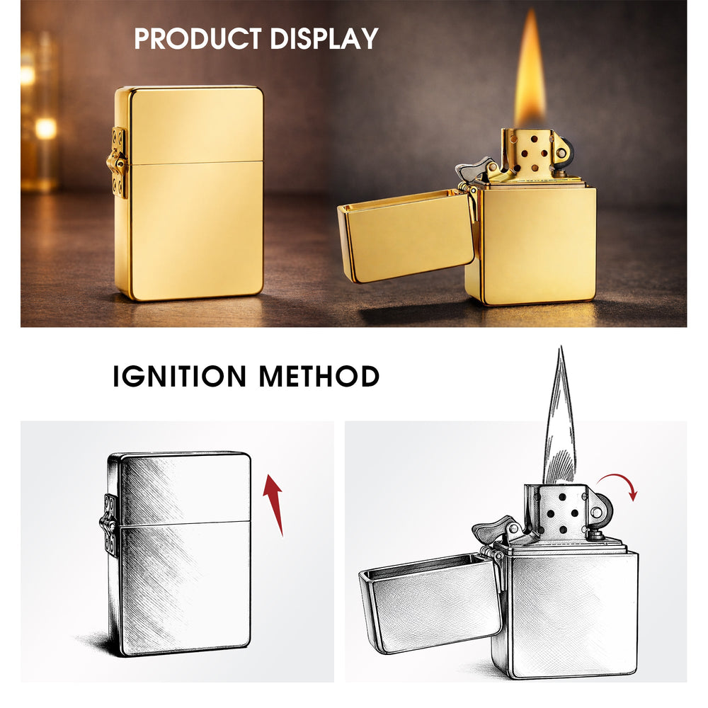 A comprehensive product graphic for the gold Armor lighter, featuring lifestyle photos of the lighter in both closed and ignited positions, alongside technical sketches illustrating the classic flip-top opening and flint-wheel ignition method.