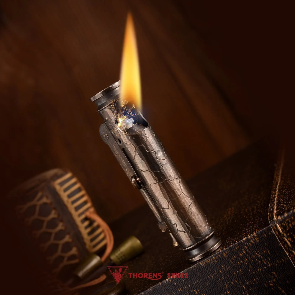 A Battle Soul trench lighter with hand-carved cracks shown ignited, featuring a tall flame and mechanical sparks against a warm, rustic background.