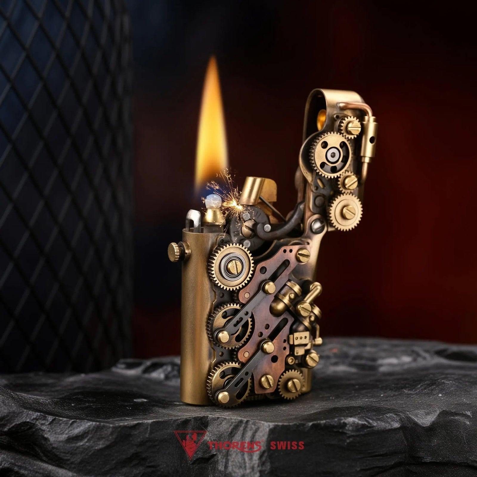 A brass Steampunk-Twin Torque bottom-fill lighter with an open flame and sparks, highlighting its mechanical gear aesthetics and rugged construction.