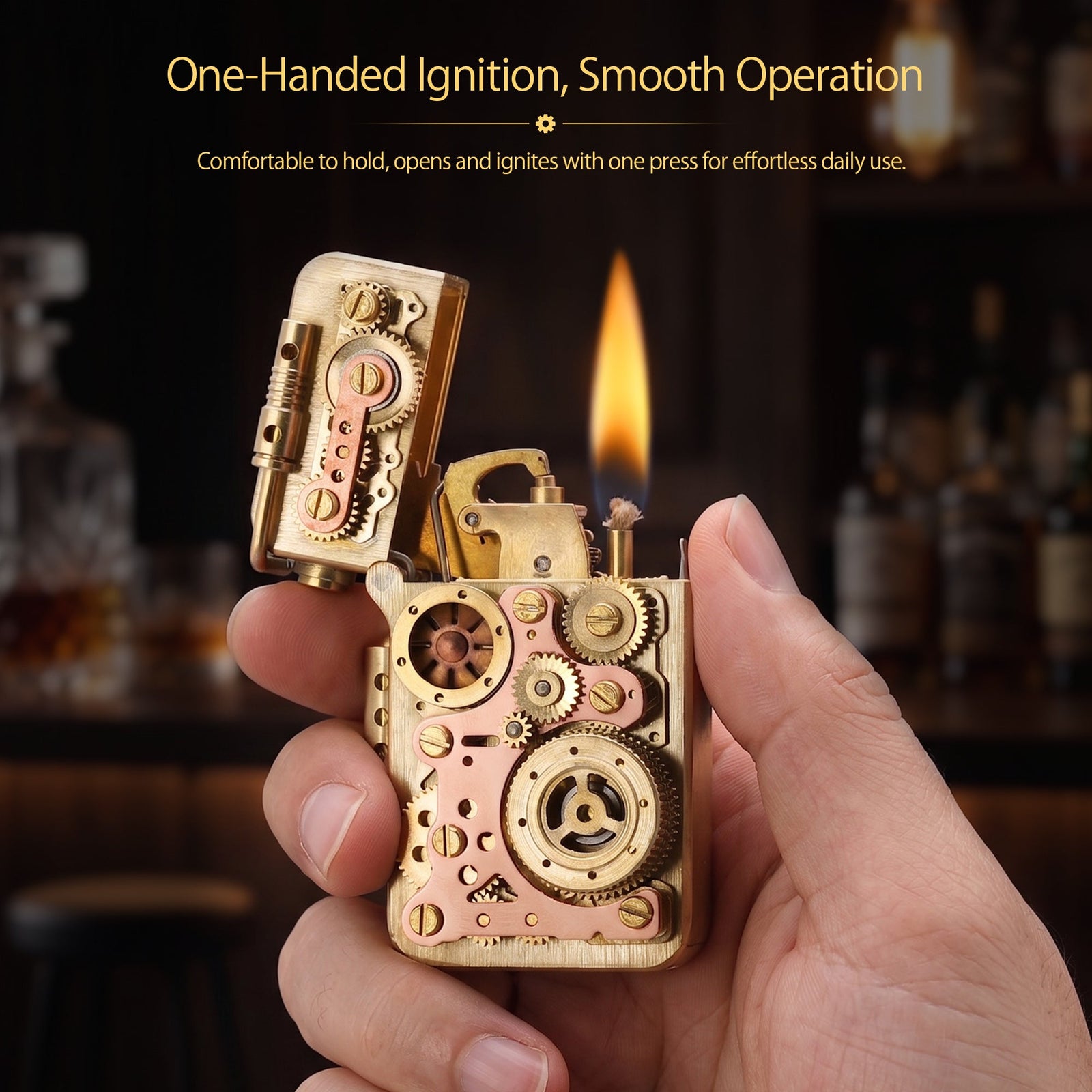 Open Thorens steampunk lighter with a lit flame and sparks, showcasing the intricate brass gear linkage system on a checkered chessboard.