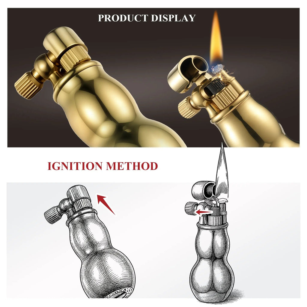 A combined graphic featuring the brass Mini Gourd lighter ignited alongside technical line drawings illustrating the flint wheel mechanical operation.
