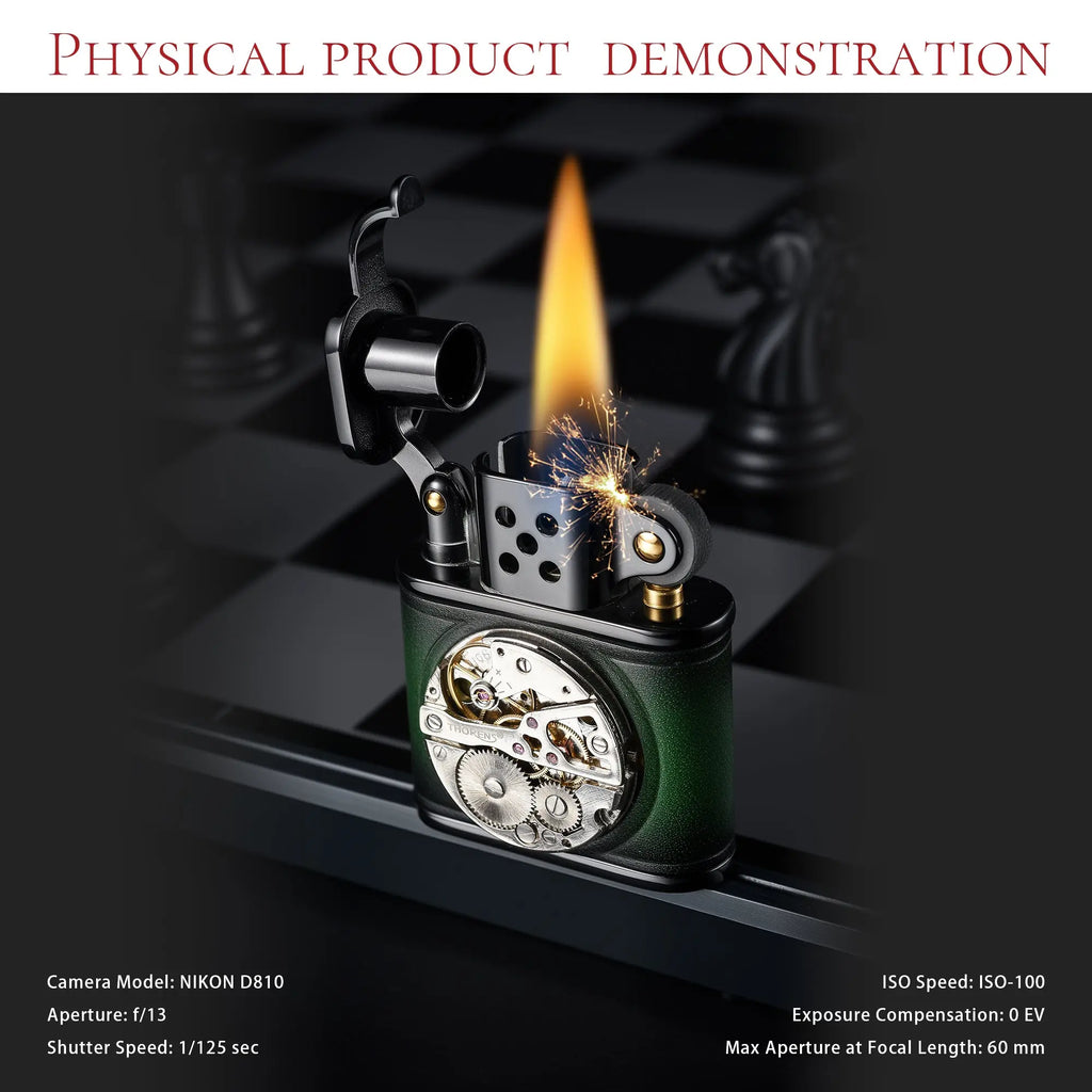 A green and black handmade cowhide lighter with an inlaid mechanical movement ignited on a chessboard, showcasing its heritage gears and precision.