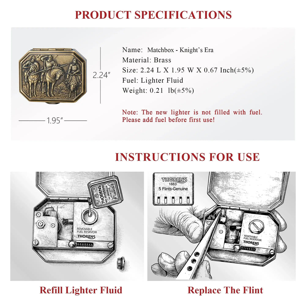 Product specifications and use guide for the Thorens Knight’s Era matchbox lighter, showing dimensions, brass construction, lighter fluid note, refill instructions, and flint replacement steps