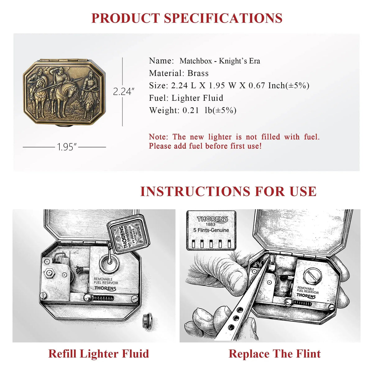 Product specifications and use guide for the Thorens Knight’s Era matchbox lighter, showing dimensions, brass construction, lighter fluid note, refill instructions, and flint replacement steps