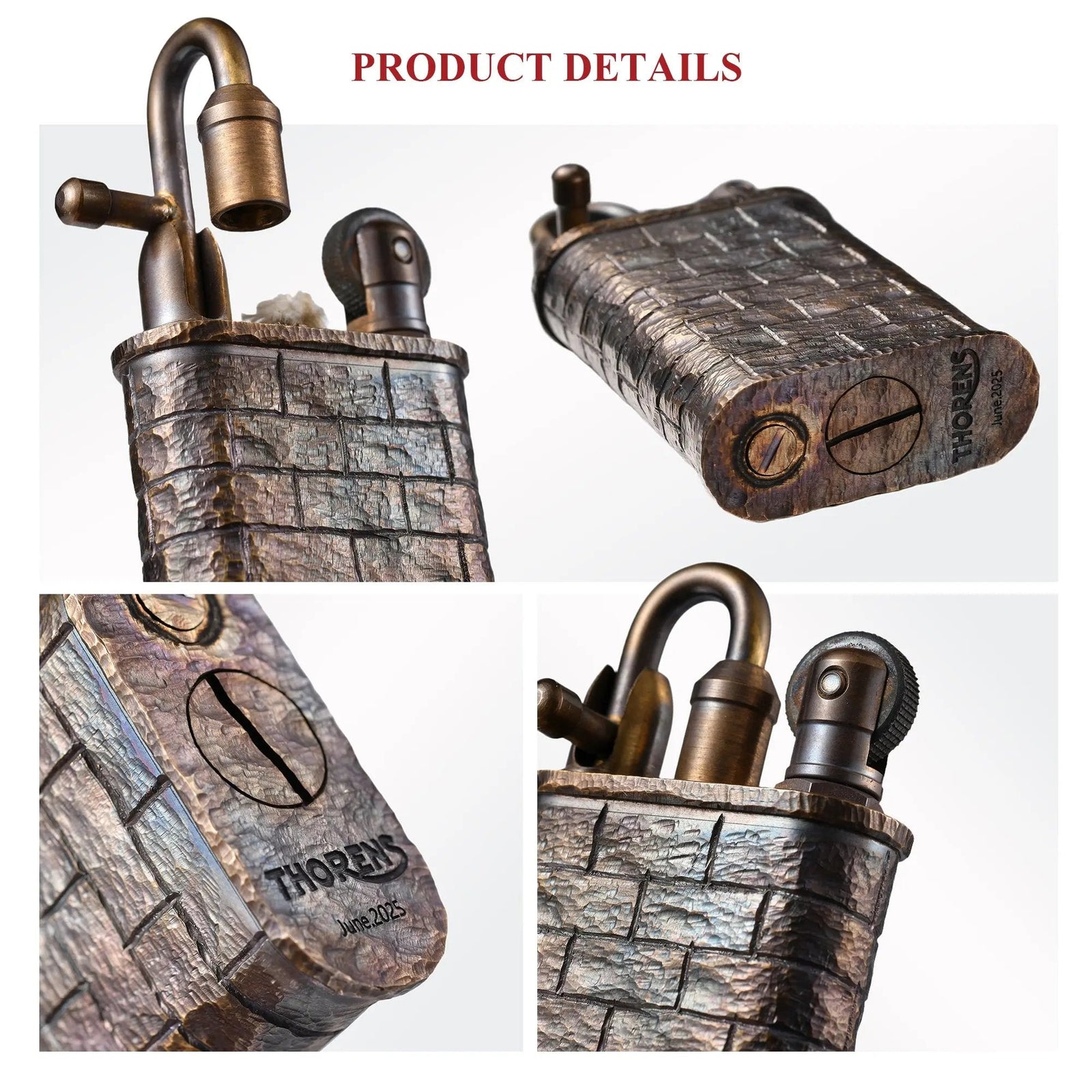 A collage showing close-up details of the Lockflame lighter, featuring the hand-carved brick wall texture, the fuel cap with Thorens branding, and the precision ignition assembly.