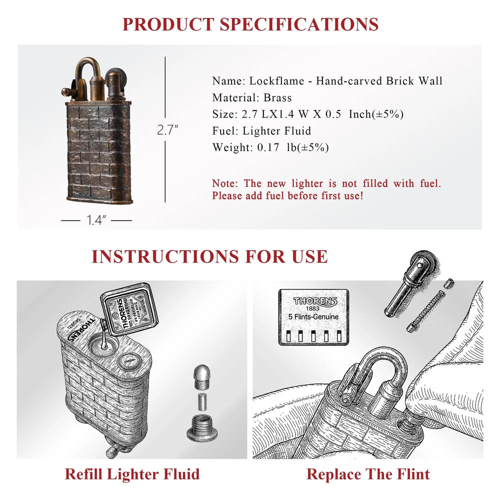 A technical infographic for the Thorens Lockflame lighter showing brass material specs, dimensions, and illustrated guides for refilling fluid and replacing flints.