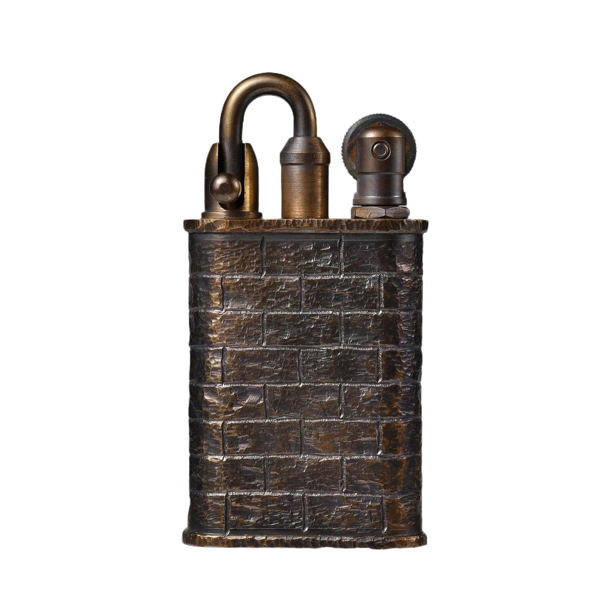 A rugged Lockflame mechanical lighter featuring a hand-carved meteorite crater texture and distressed brass finish, highlighting its unique craftsmanship and heritage appeal.