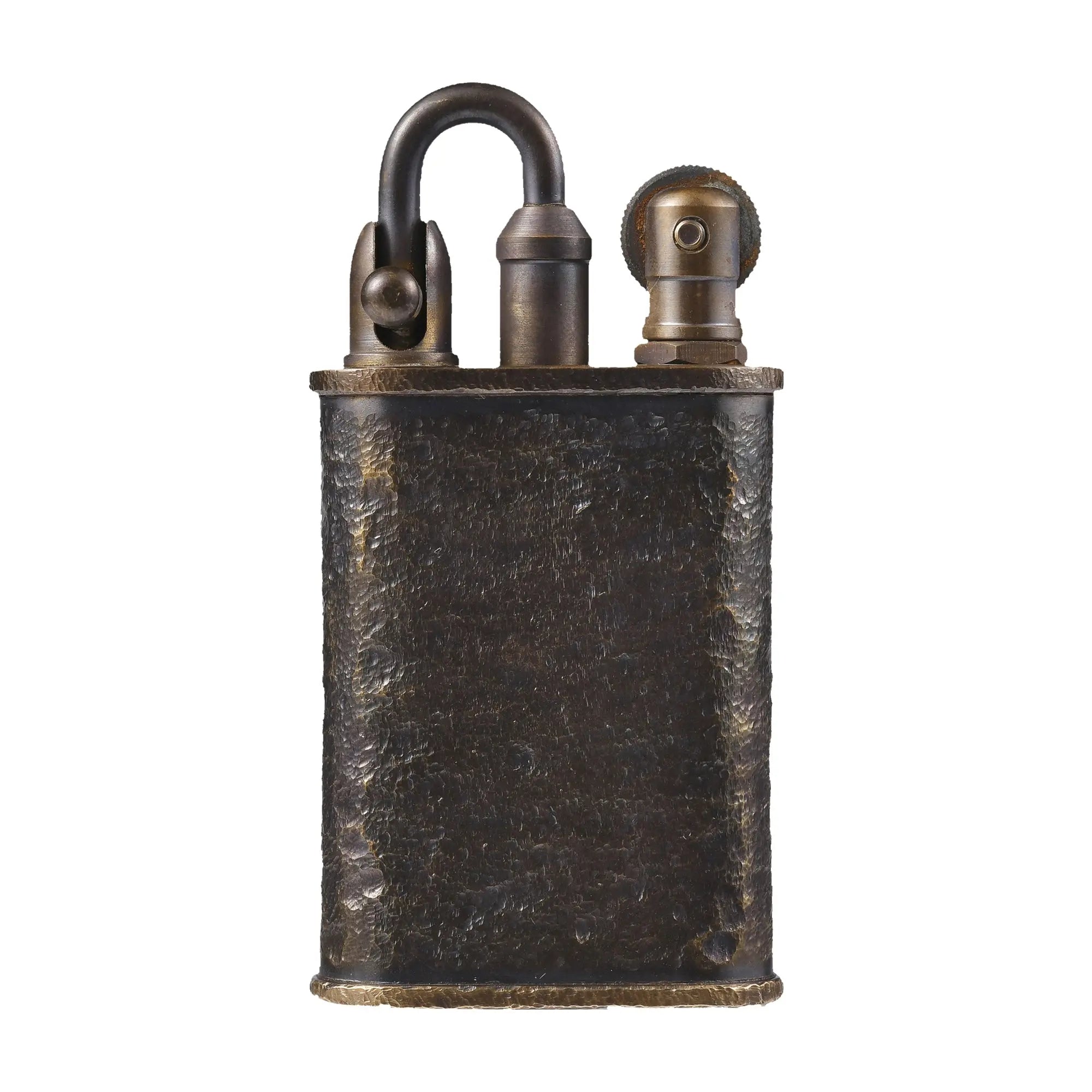 A vintage-style Lockflame mechanical lighter featuring a hand-carved brick wall texture and antique brass finish, highlighting its rugged craftsmanship and heritage collectible appeal.