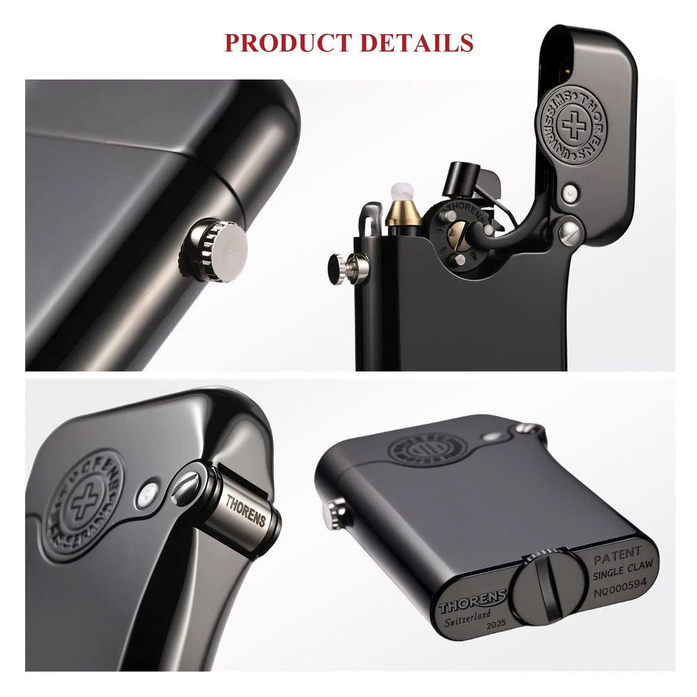 Macro shots of the Thorens Gen 3 lighter showing the side ignition button, the internal claw mechanism, the branded hinge, and the patent-engraved bottom with serial number NO 000594.