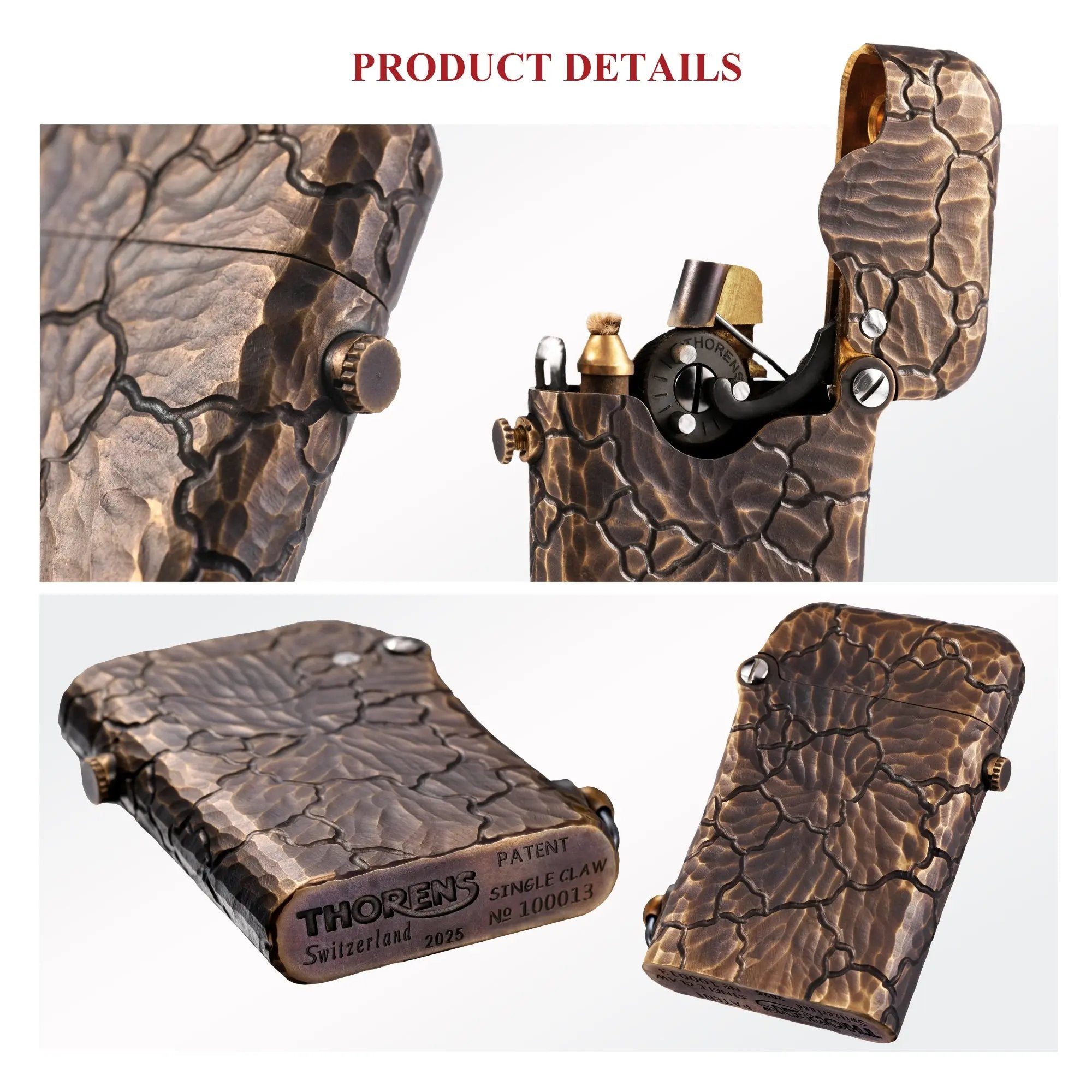 A multi-angle detail shot of the Gen 1 Single Claw Earth Fissure lighter, highlighting the unique serial number engraving, the internal claw linkage, and the deep, hand-carved textures.