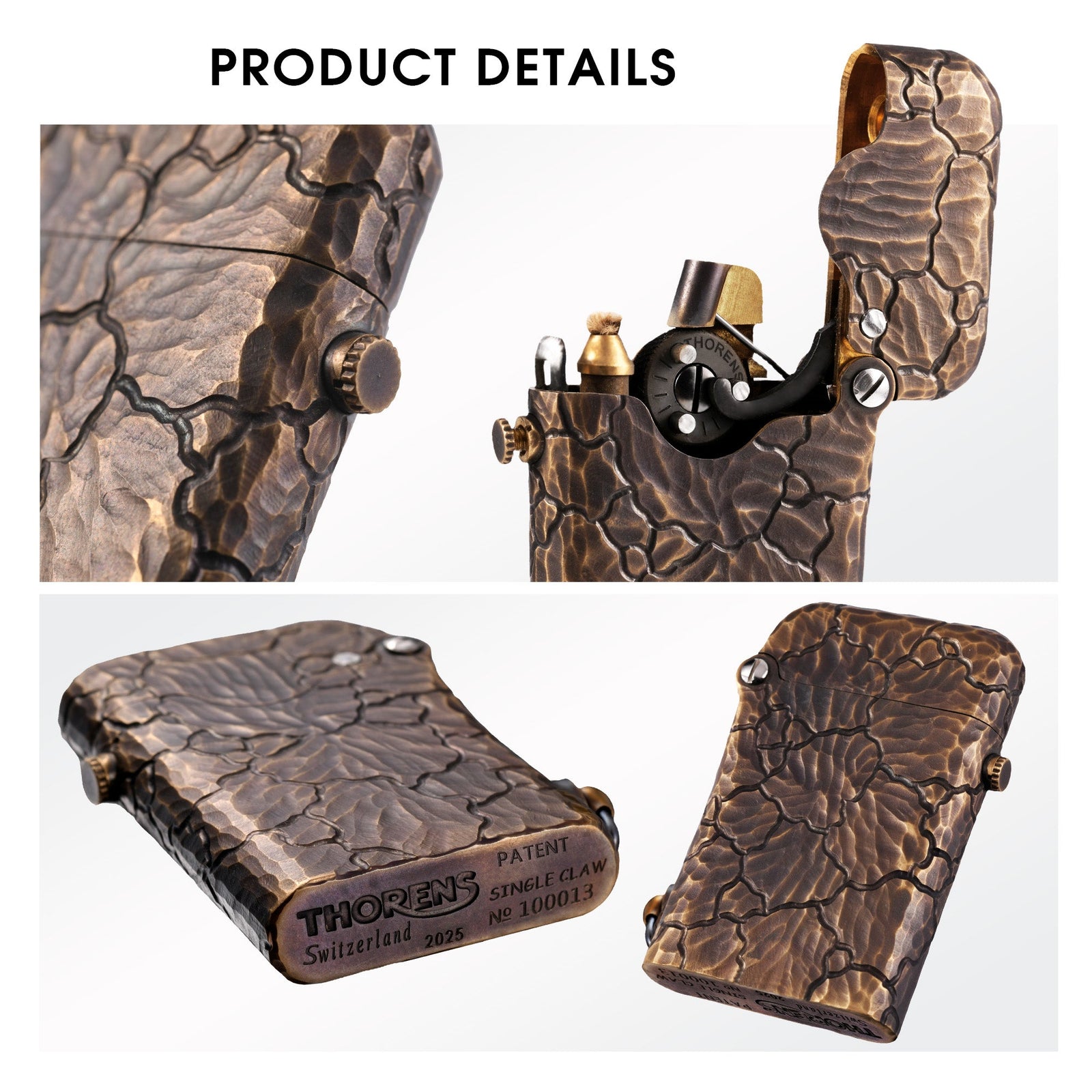 A multi-angle detail shot of the Gen 1 Single Claw Earth Fissure lighter, highlighting the unique serial number engraving, the internal claw linkage, and the deep, hand-carved textures.