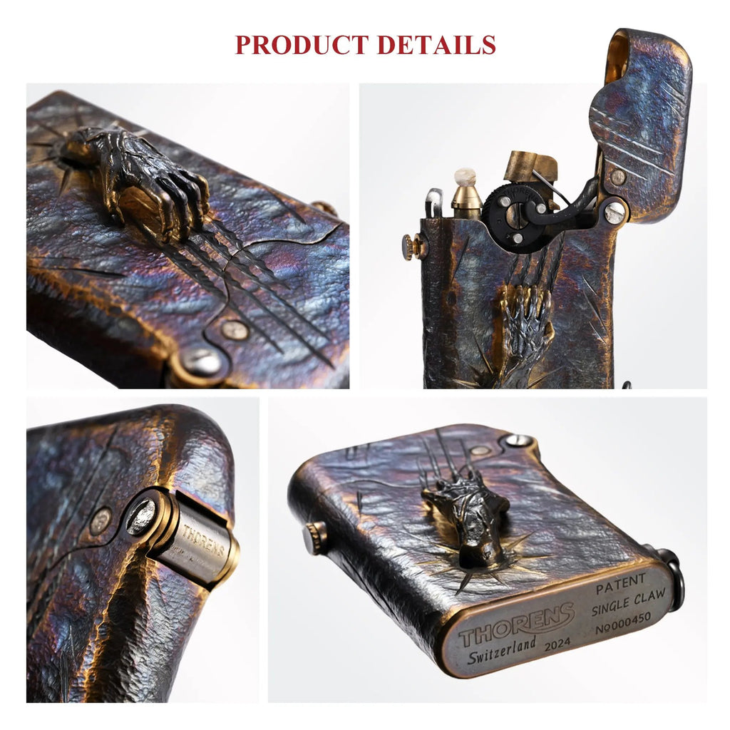 A collage of the Gen 1 Single Claw Spirit Claw lighter showcasing the 3D skeletal relief, internal mechanical linkage, and the engraved Thorens patent base.