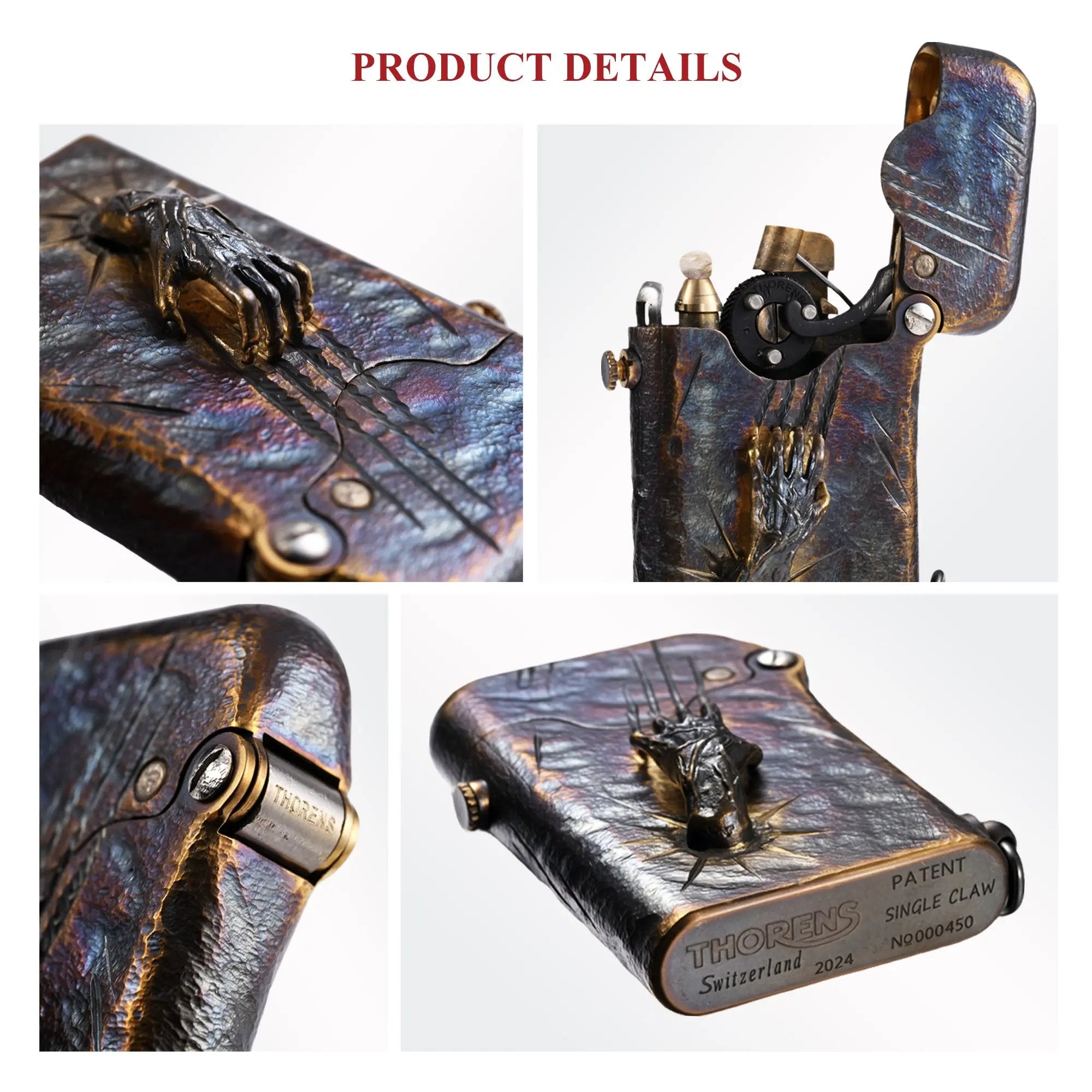 A collage of the Gen 1 Single Claw Spirit Claw lighter showcasing the 3D skeletal relief, internal mechanical linkage, and the engraved Thorens patent base.