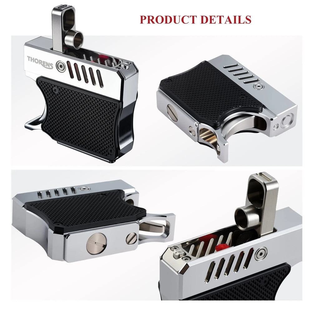A collage of four detailed views of the Thorens Gun Lighter, showcasing the flipped-up ignition hood, the textured grip panels, bottom screw ports for maintenance, and the precision-machined silver body.