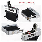 A collage of four detailed views of the Thorens Gun Lighter, showcasing the flipped-up ignition hood, the textured grip panels, bottom screw ports for maintenance, and the precision-machined silver body.