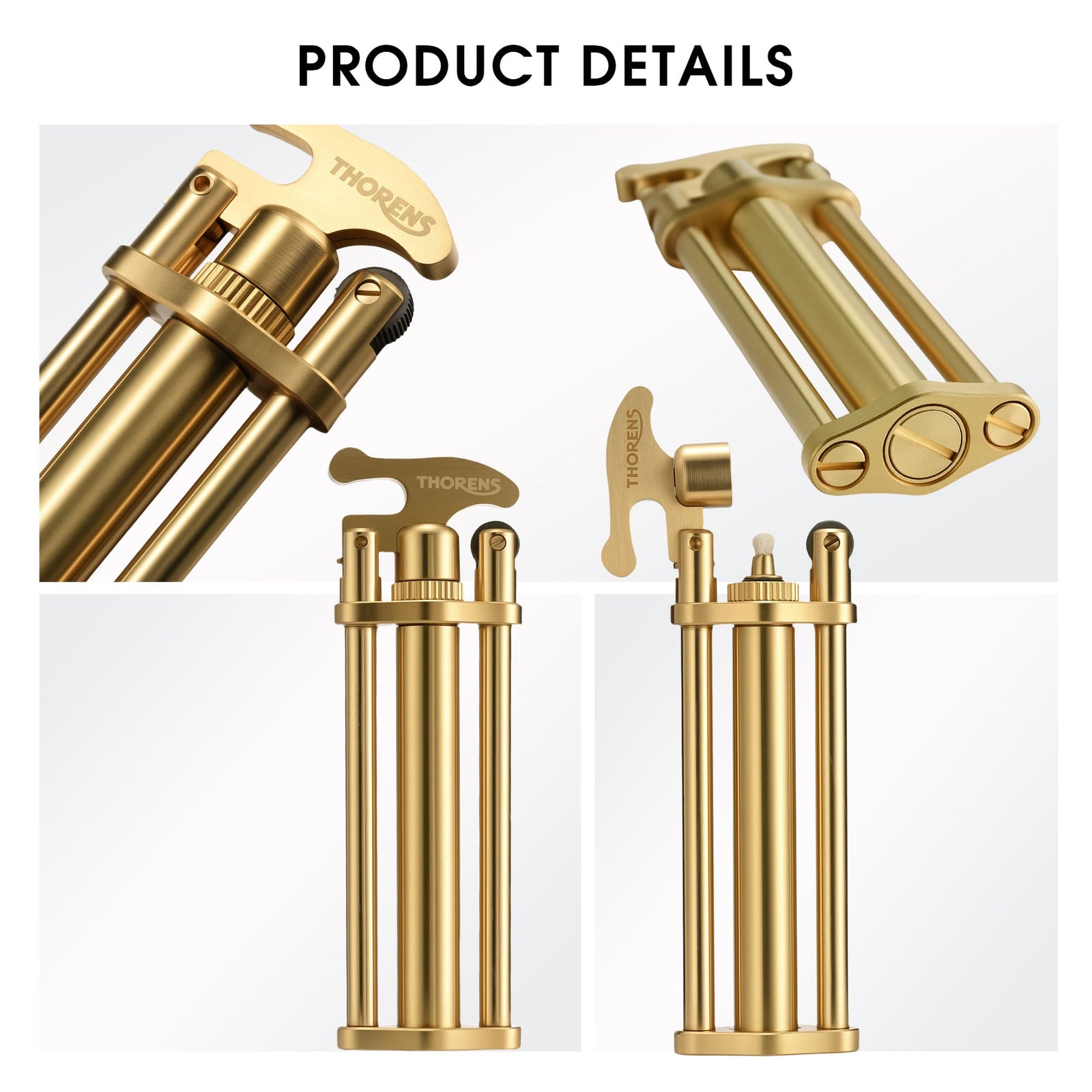 A collage of the Three-Section Stick Lighter in brushed brass, highlighting the Thorens engraved cap, the bottom fuel and flint screws, and the open-wick assembly.
