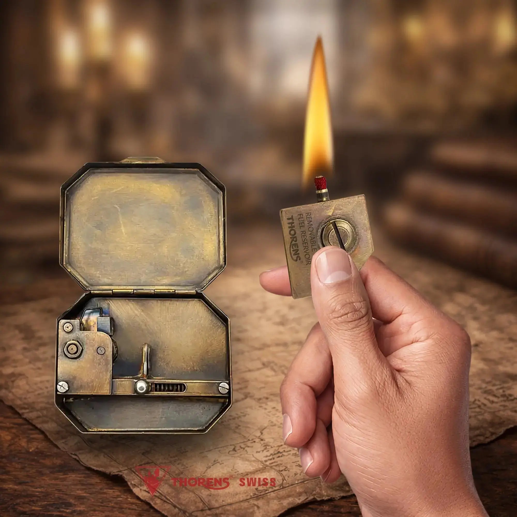 Vintage brass fluid lighter, pocket matchbox ejector gift for pipe