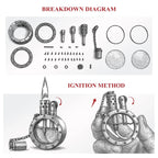 A technical illustration showing a breakdown diagram of silver lighter components and a step-by-step ignition method for the Round Pocket Watch Lighter.