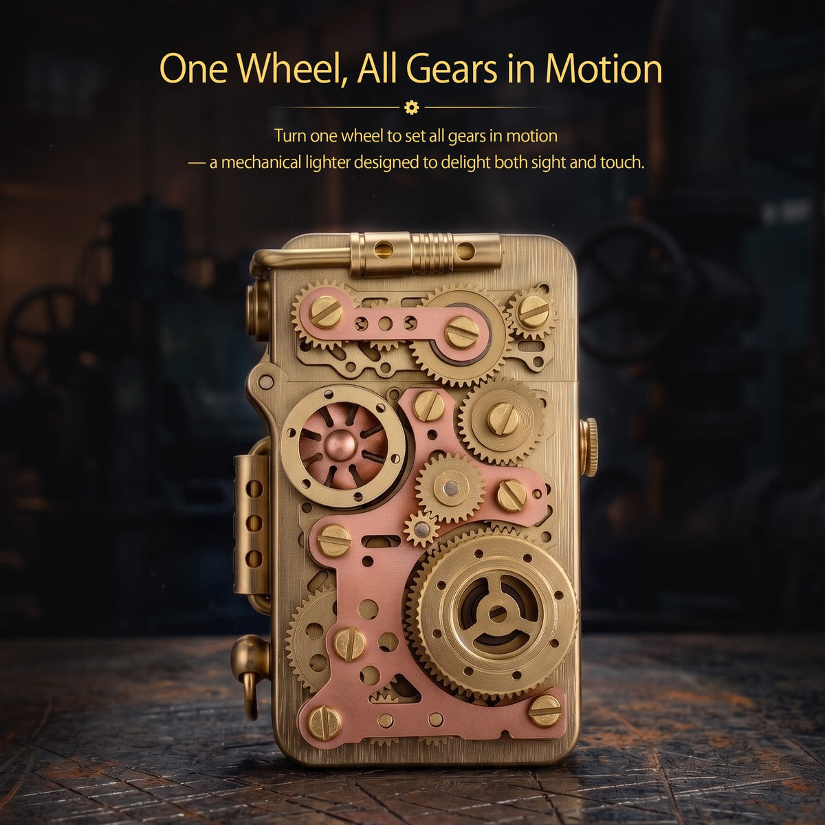 Exploded view diagram showing numerous brass gears and tiny screws, alongside illustrations for wick adjustment and gear-driven ignition.