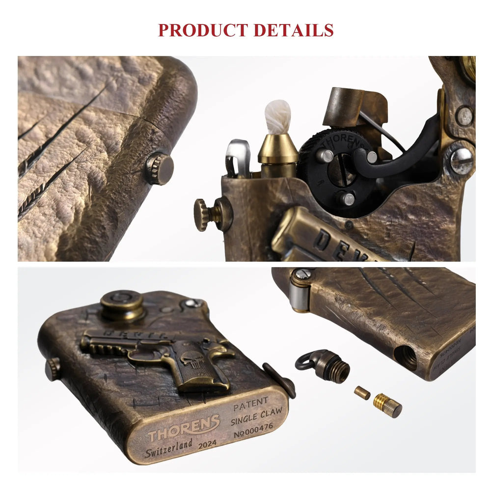 Detailed views of Thorens Gen 1 lighter showing the single claw mechanism, hand-carved gun relief, and bottom patent engravings.