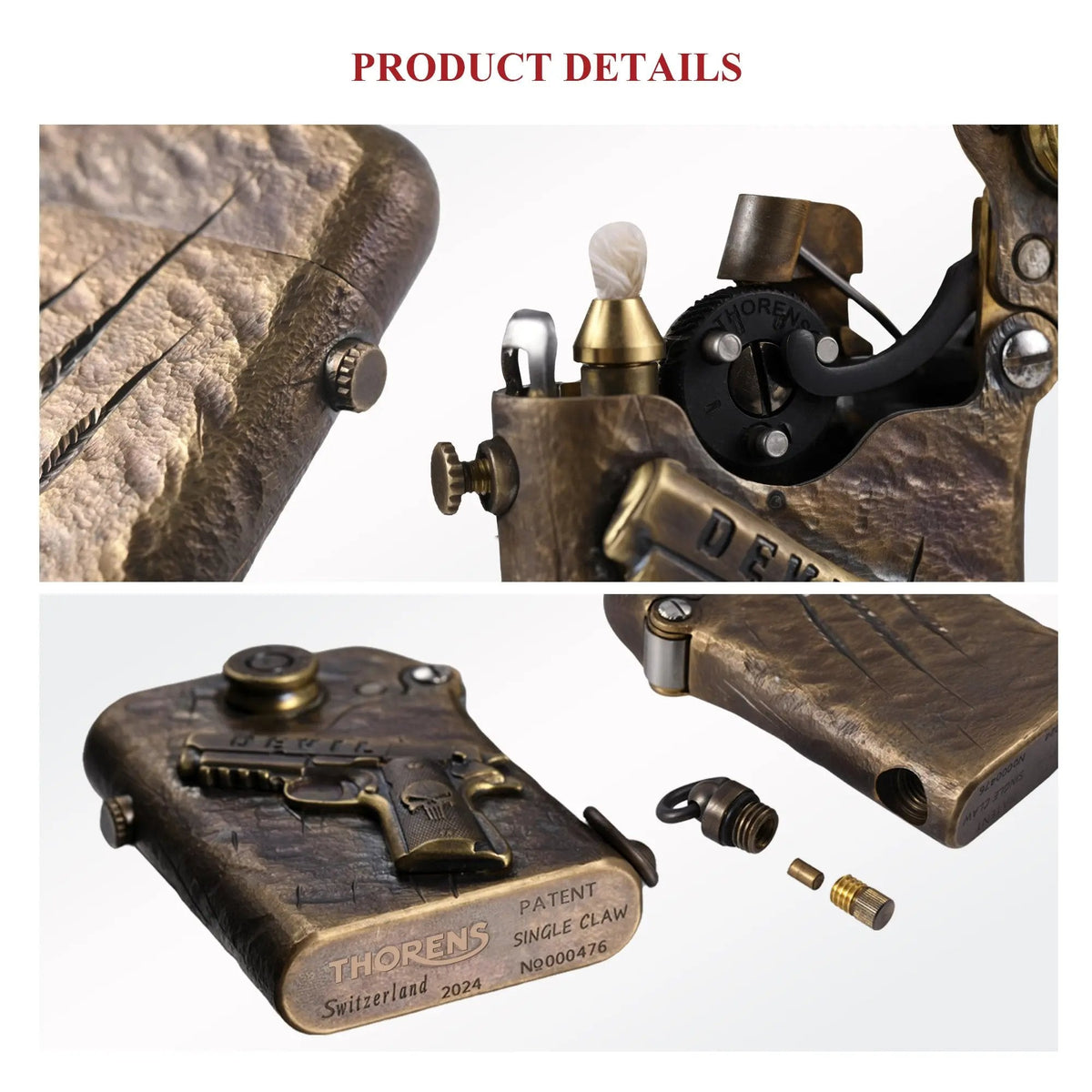 Detailed views of Thorens Gen 1 lighter showing the single claw mechanism, hand-carved gun relief, and bottom patent engravings.