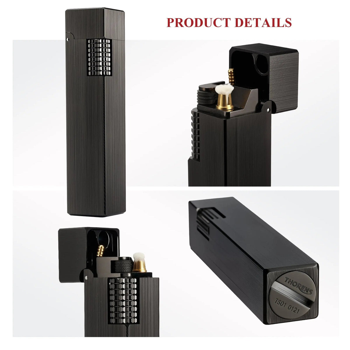 A product details collage of the Side Slip Glossy Black lighter, featuring the vertical brushed texture, open lid mechanism with wick, and bottom Thorens brand engraving.