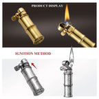 A side-by-side display of a polished brass Mini Bamboo lighter being lit, paired with technical sketches illustrating the flint wheel ignition method.