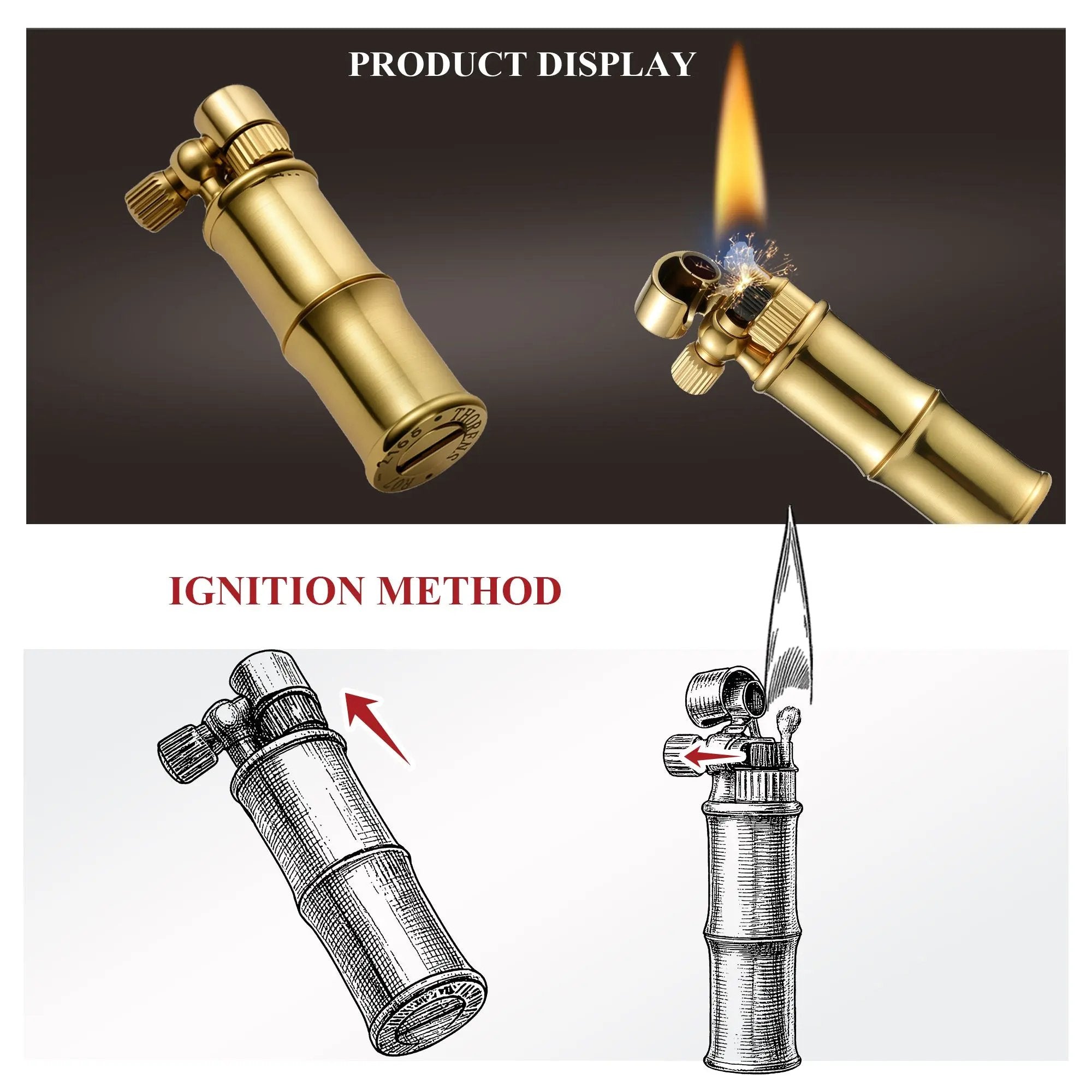 A side-by-side display of a polished brass Mini Bamboo lighter being lit, paired with technical sketches illustrating the flint wheel ignition method.