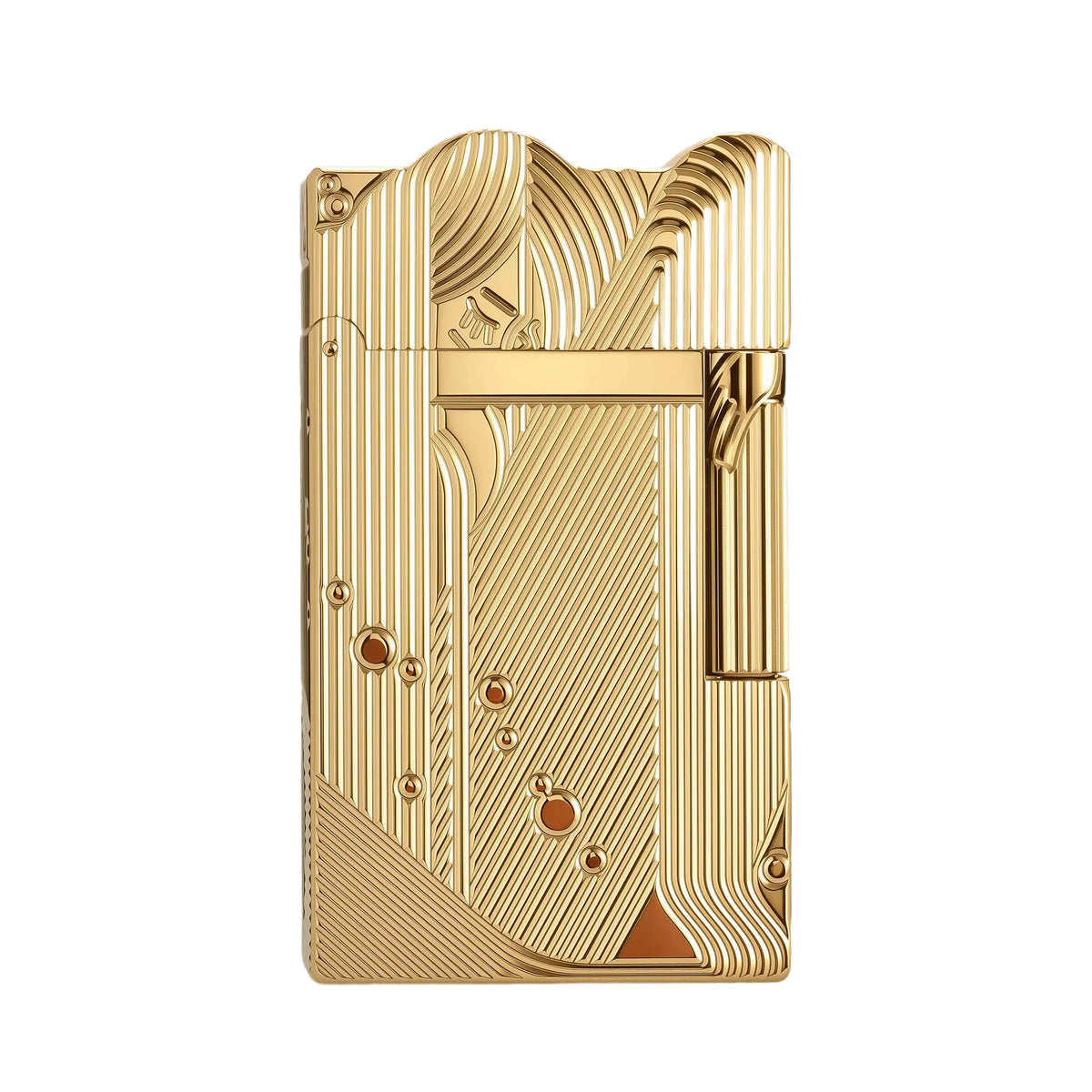 A luxurious gold lighter from the Mermaid series, featuring a distinctive wavy top edge and a complex Art Deco-inspired pattern of vertical and diagonal lines with bubble accents.