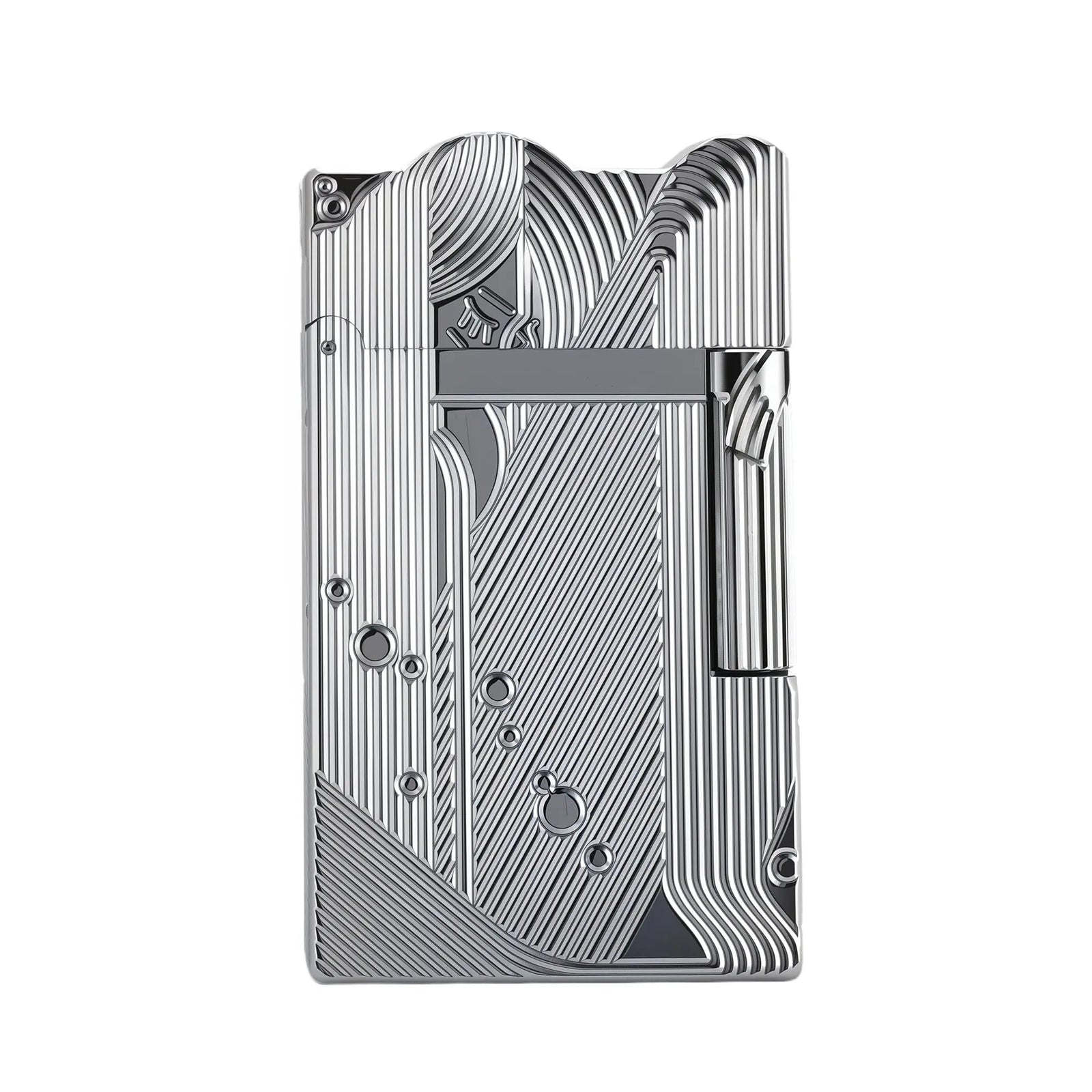 A high-polish silver lighter from the Mermaid series, featuring a wavy top edge and a sophisticated Art Deco-inspired pattern of flowing vertical and diagonal lines with bubble-like circular accents.