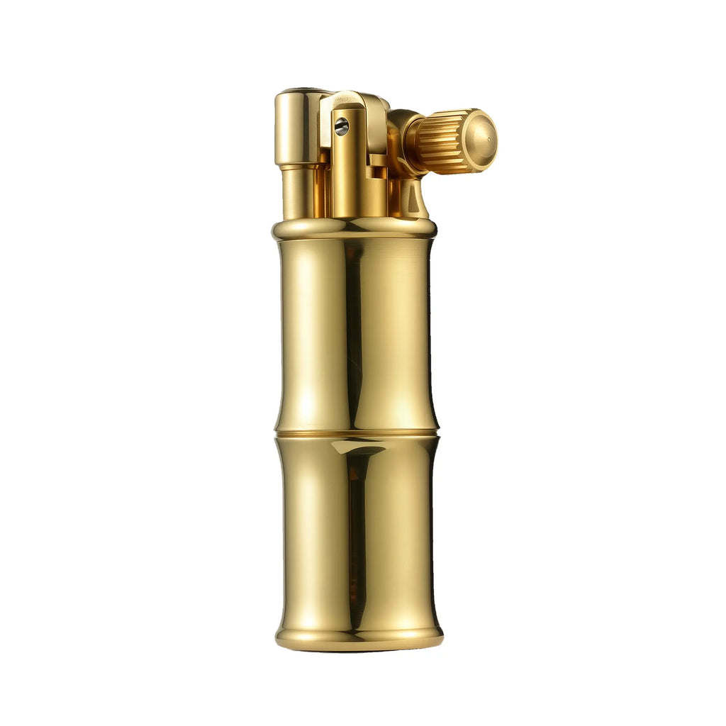 A Mini Bamboo lighter featuring a glossy gold-tone body shaped like a bamboo stalk, equipped with a side-mounted flint wheel and mechanical ignition.